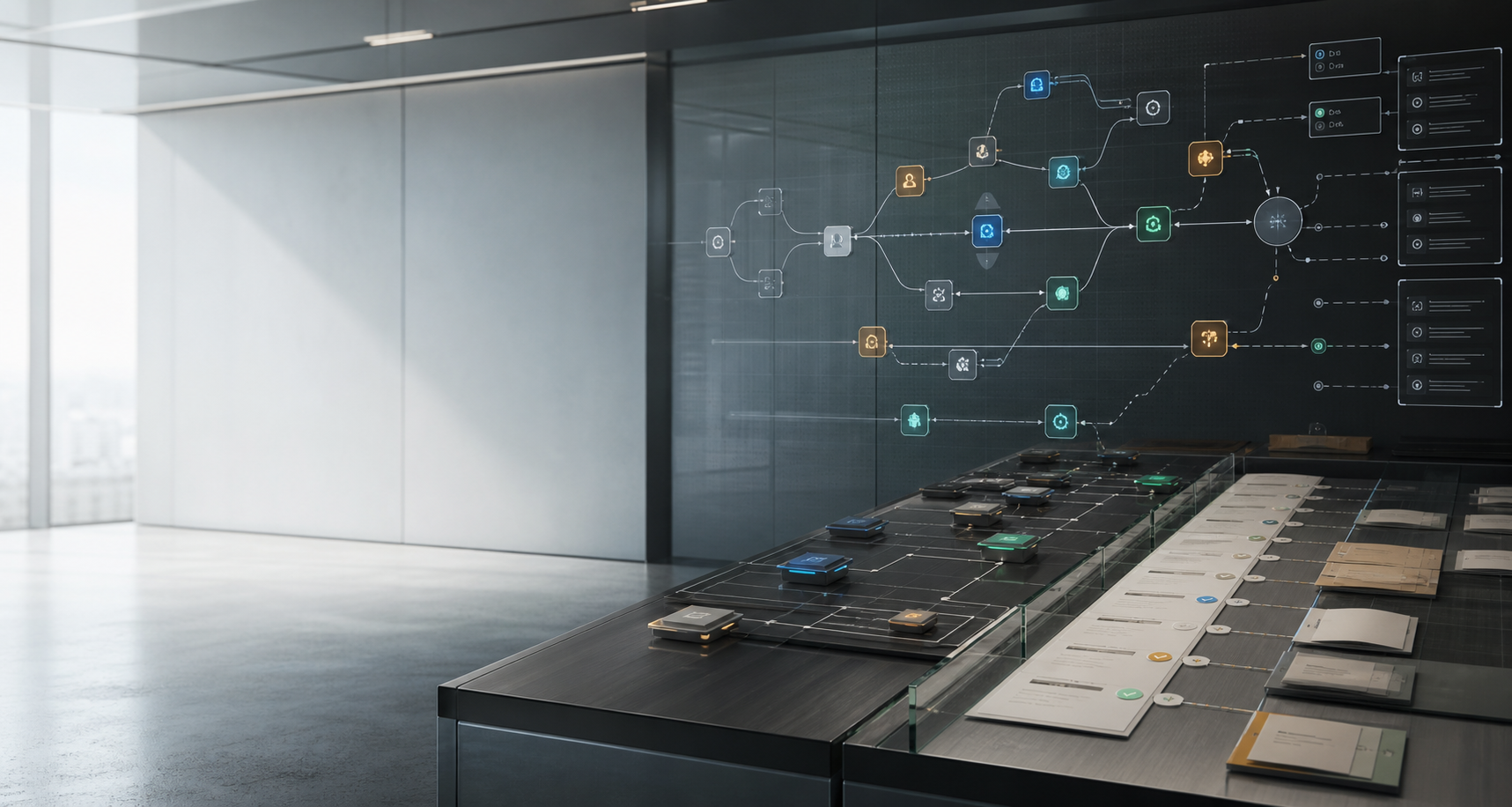 Abstract private workflow orchestration environment with connected workflow nodes and evidence artifacts