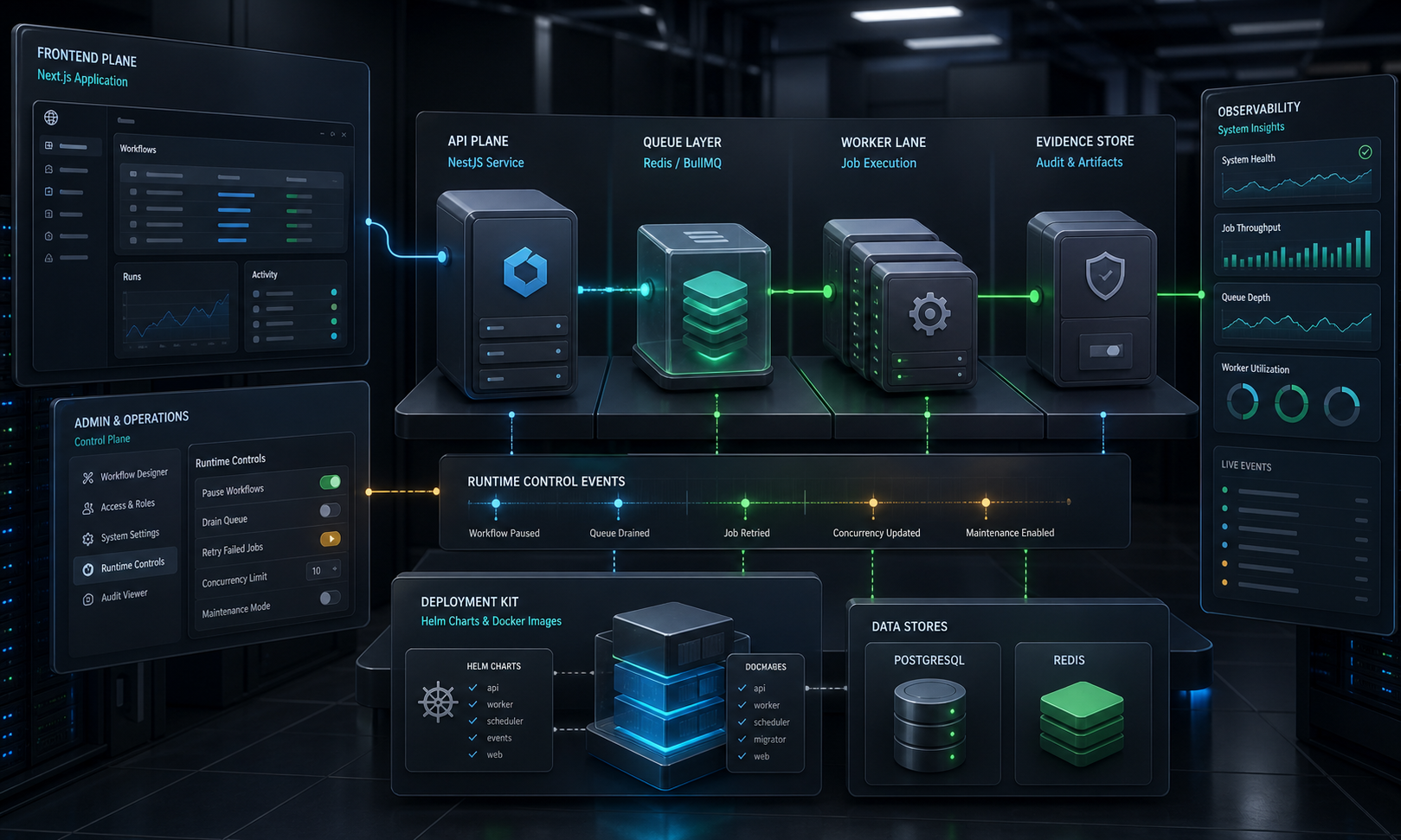 Private deployment system topology with frontend, API, queue, workers, database, evidence store, and deployment kit