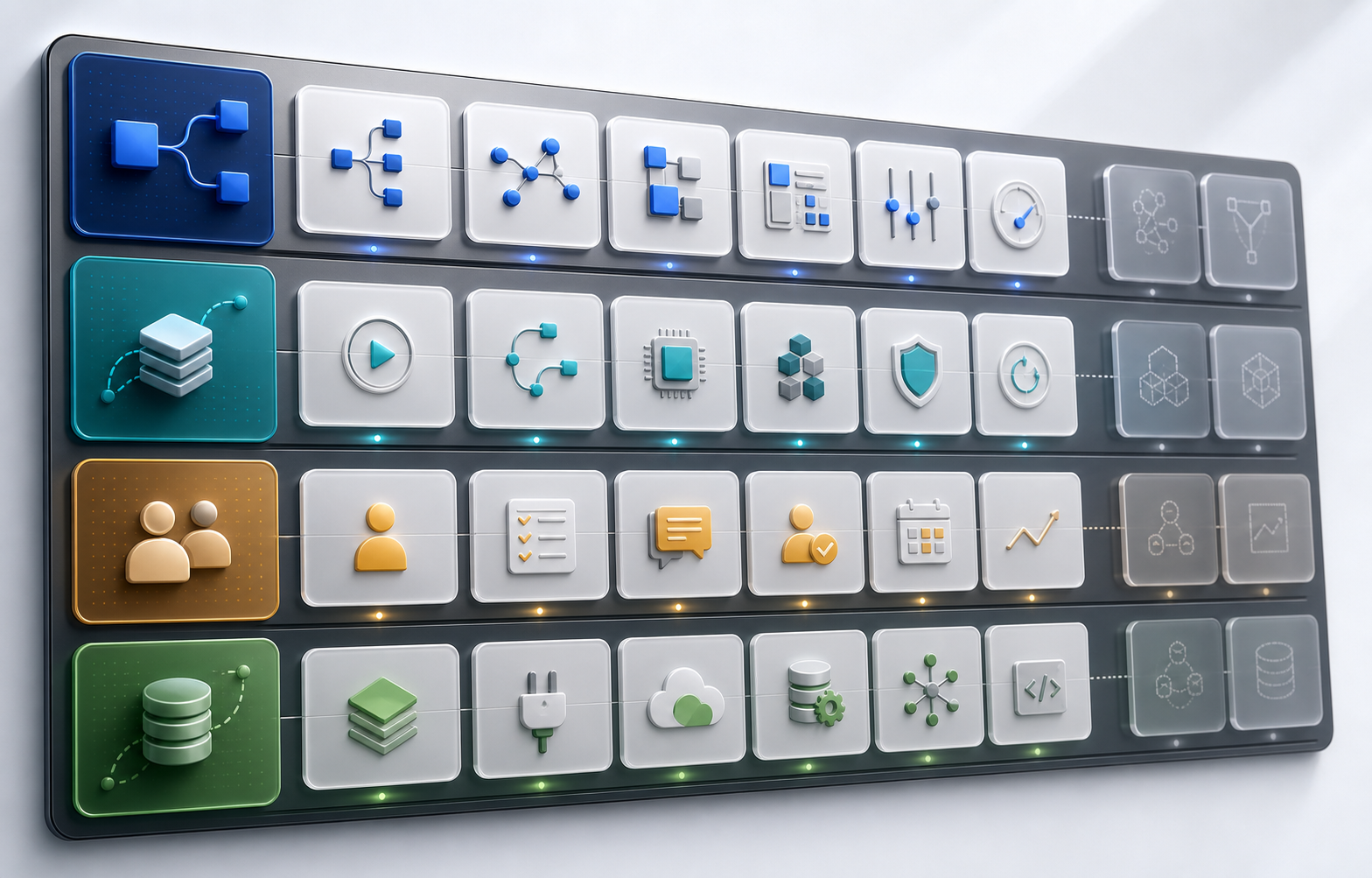 A modular capability matrix with available tiles and recessed roadmap tiles