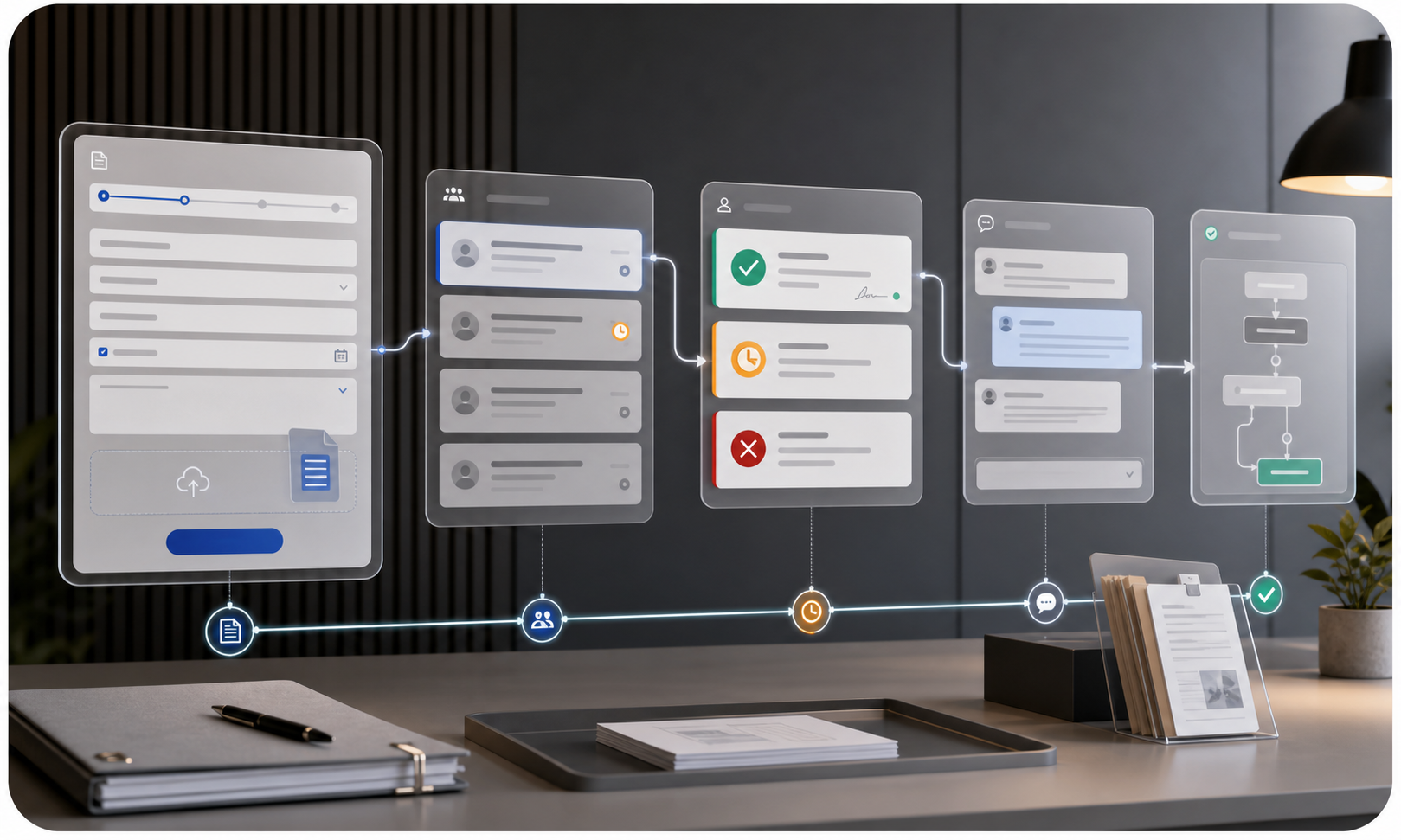 Structured intake form, task queue, approval decision, SLA marker, comment, and evidence file flowing through a private workflow