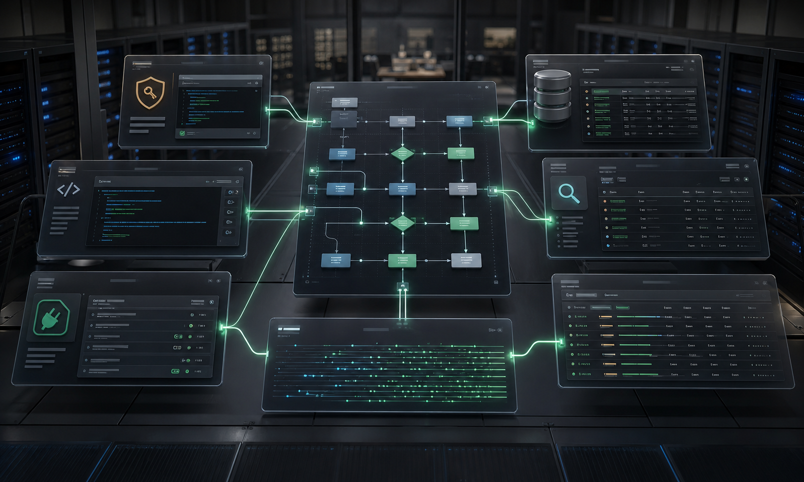Secure webhook, runtime API, virtual data object, lookup table, integration connector, and workflow event stream converging into one orchestration route
