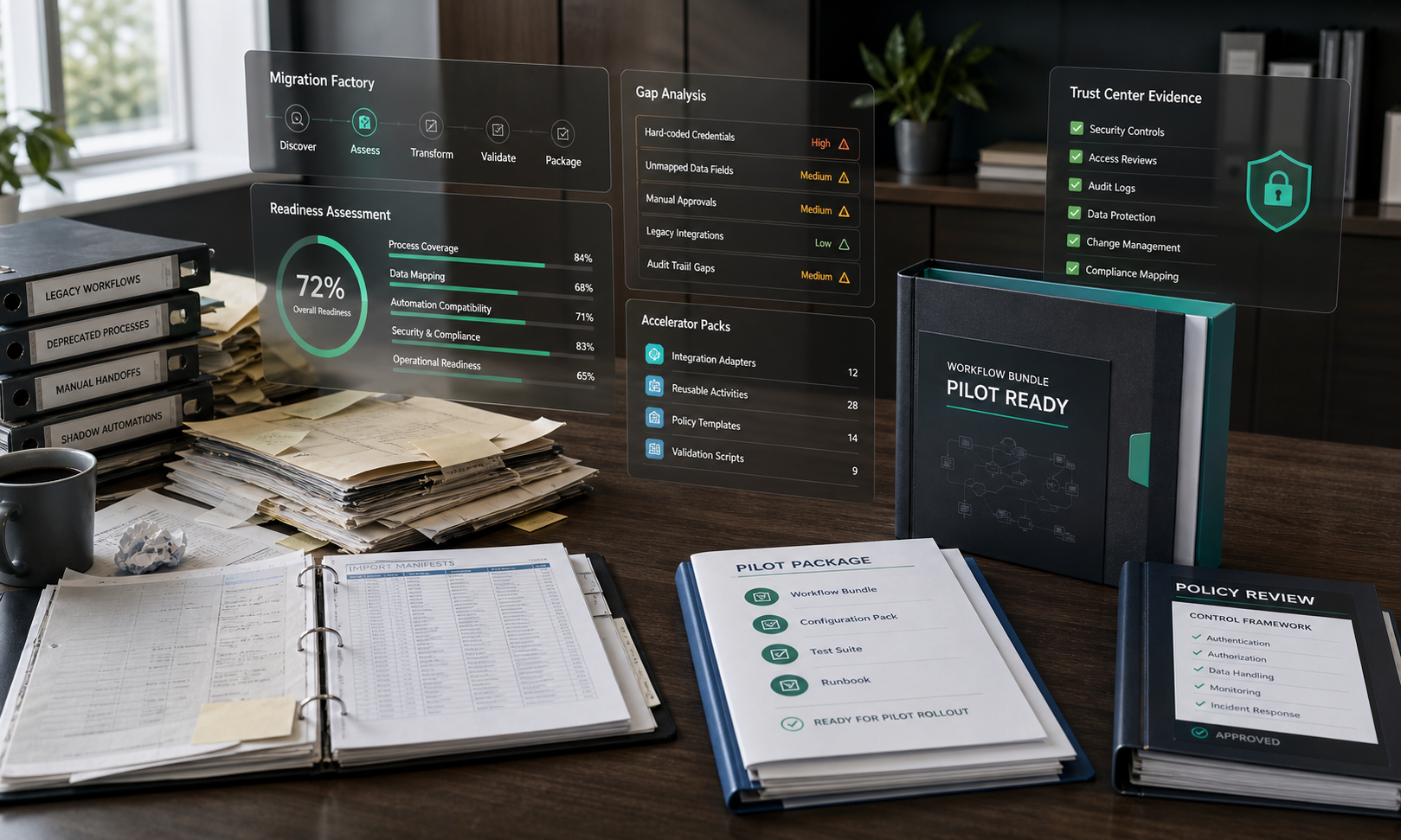 Legacy workflow artifacts transforming into migration manifests, readiness reports, accelerator packs, and enterprise evidence packages