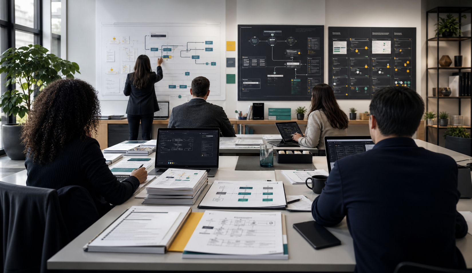 A private workflow rollout workshop with operators reviewing workflow boards and evidence artifacts