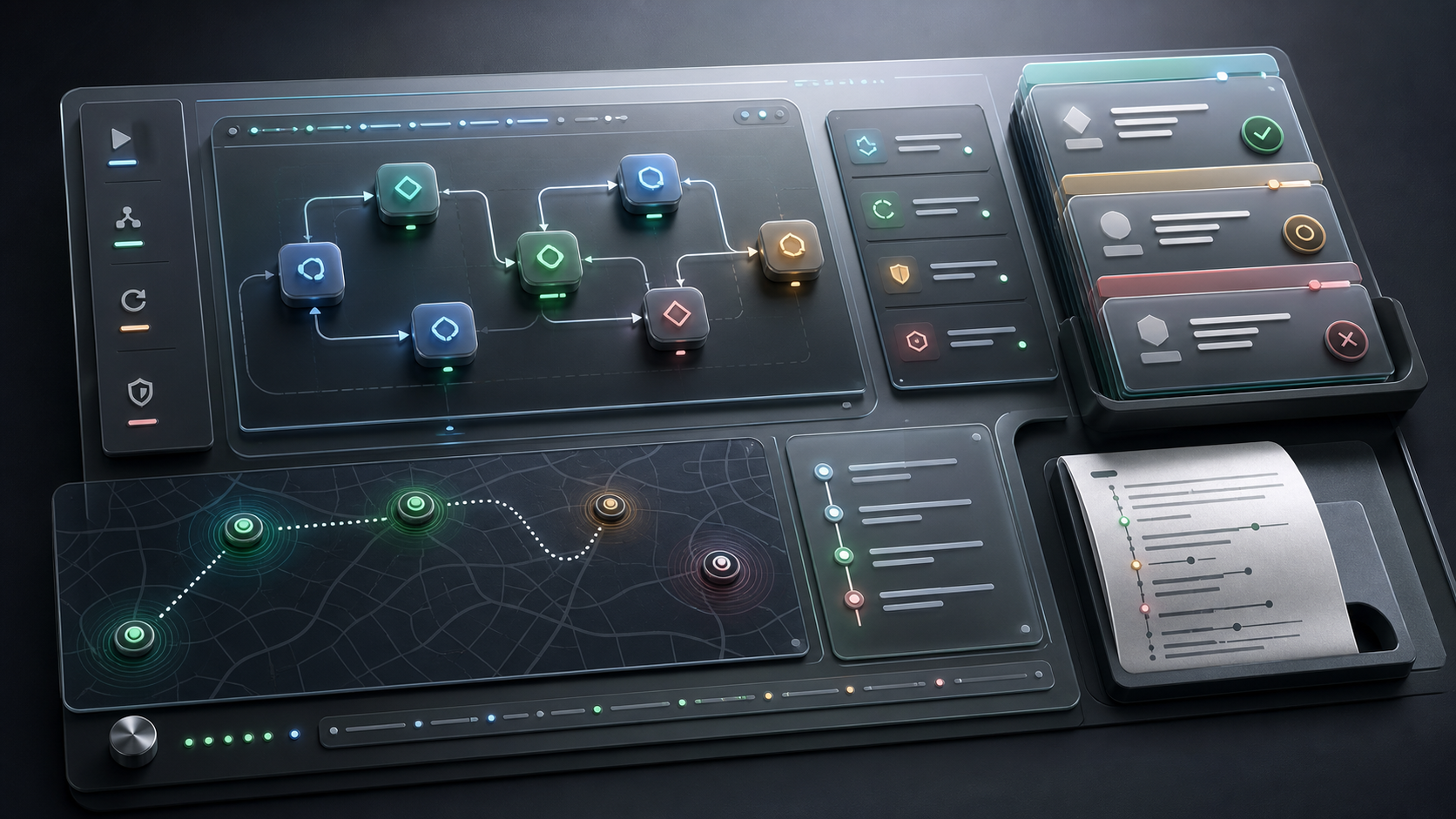 Runtime control surface with workflow nodes, checkpoint markers, and evidence cards